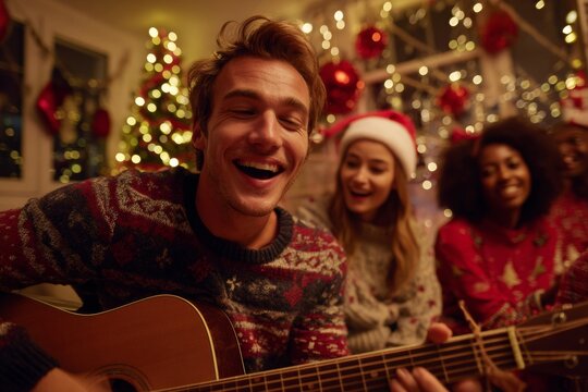 A group of friends gathers in a warmly decorated living room during Christmas, sharing smiles and playing guitar. Festive lights and a tree create a joyful holiday atmosphere