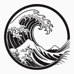 Black Japanese wave pattern in circle with mountain