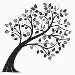 Black tree with heart shaped leaves on white background