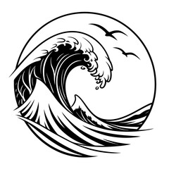 Black wave and birds in a circle ocean water