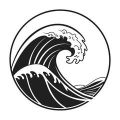 Black wave in circle minimalist logo ocean water