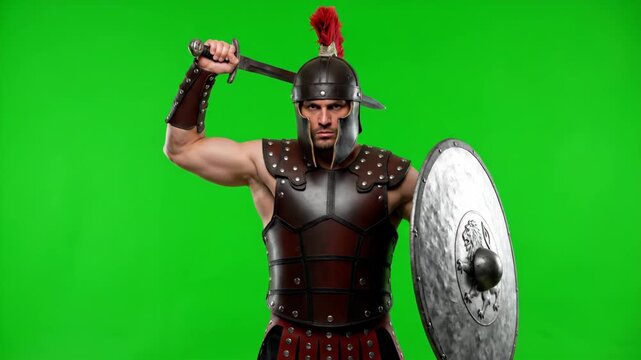 Gladiator Attacking with Sword and Shield on Green Screen - Muscular man in gladiator costume with a shield and sword ready to fight on a green screen background.