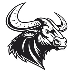 Bold black bull head with curved horns logo white