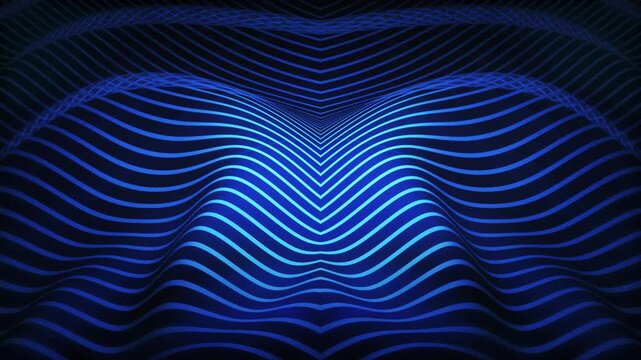 Blue glowing lines creating a symmetrical wave pattern on a dark background. A geometric, graphics video loop, backdrop