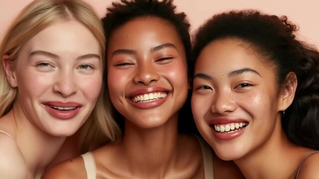 A close-up video still of three diverse women smiling, showcasing natural beauty and friendship. Captured from a front-facing angle with soft lighting.