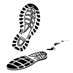 Black shoe print and footprints on white background