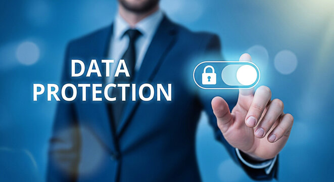 Data protection concept with businessman activating security settings on a virtual interface for privacy and cybersecurity in the digital age