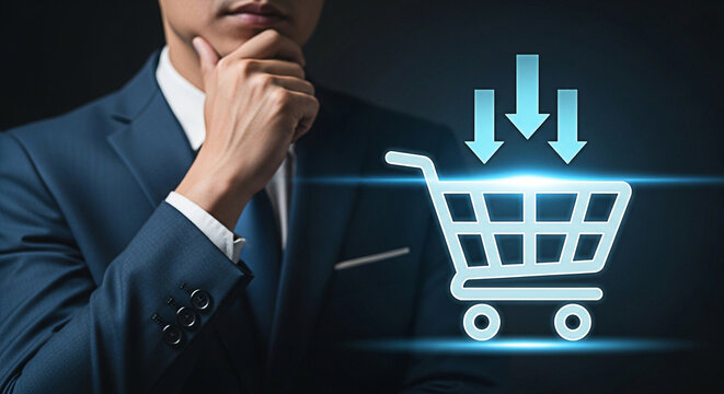 Businessman contemplates online shopping with digital cart and arrows on a dark background representing ecommerce strategy and consumer behavior