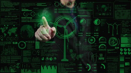 This image portrays a futuristic digital interface focused on green energy, showcasing metrics, analytics, and visual data, emphasizing innovation in sustainable technology. Cipher