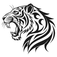 Black tribal tiger head roaring white background animal