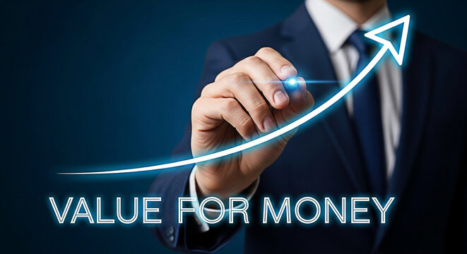 Businessman drawing an upward trending arrow symbolizing value for money and financial growth on a dark blue background showing investment success - Powered by Adobe