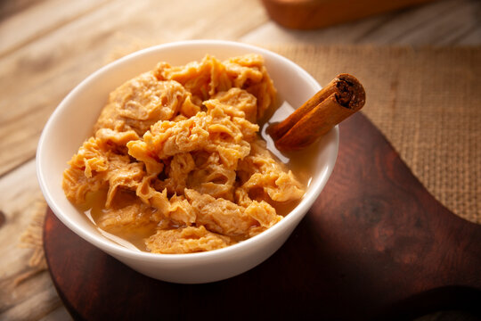 Chongos Zamoranos. A Mexican dessert made from curdled milk prepared with syrup and cinnamon, it has a consistency similar to that of a soft, sweet cheese. They are homemade and also available canned.