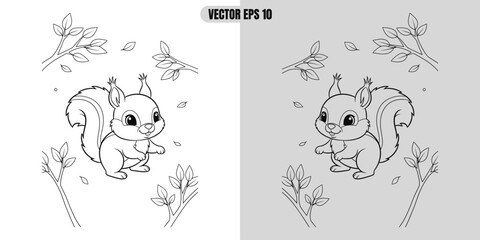 Cute cartoon squirrel illustration with branches and leaves line art
