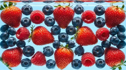 fresh vibrant berries strawberries blueberries raspberries floating in clear water light blue background healthy summer food pattern. - Powered by Adobe
