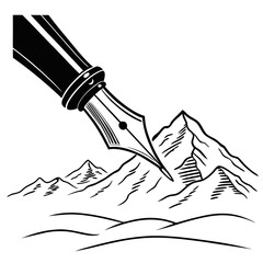 Black pen nib drawing mountain range silhouette writing