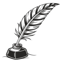 Black quill feather in ink pot on white background
