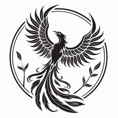 Black rising phoenix with ornate wings and tail bird