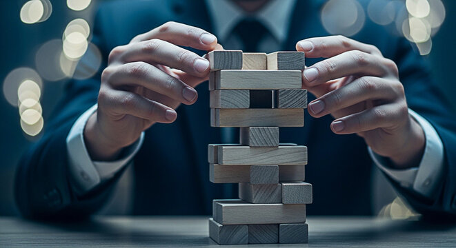 Businessman carefully building a tower of wooden blocks symbolizing strategy and risk management in a corporate environment