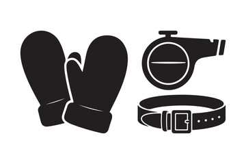 Winter sports equipment and referee whistle icon set