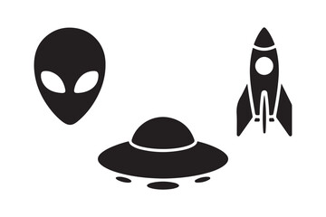 Black silhouette icons of alien spaceship rocket and ufo