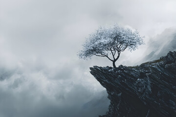 Lone twisted tree on jagged cliff in mysterious foggy landscape for nature and adventure themes