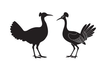 Two silhouetted birds with crests on white background