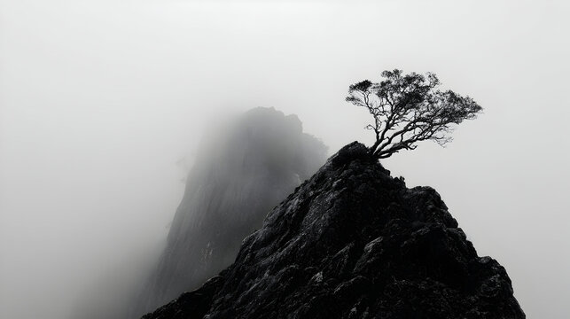 Majestic solitude of a lone tree on a barren cliff in foggy mountains