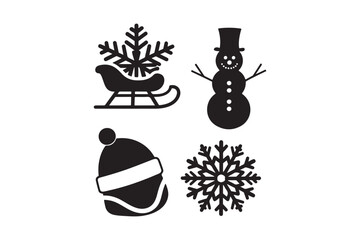 Christmas icons silhouette snowman sleigh snowflake and hat