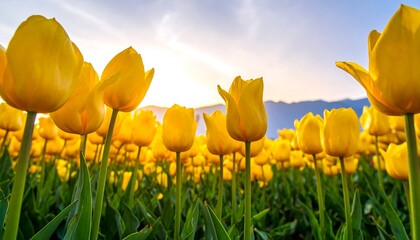 Vivid yellow tulips in a field at sunrise