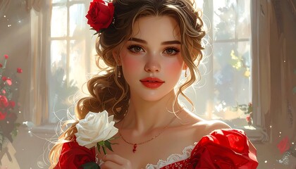 A beautiful woman with a red rose in her hair and a white rose in her hand