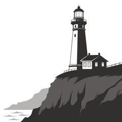 Black lighthouse on rocky cliff overlooking ocean waves