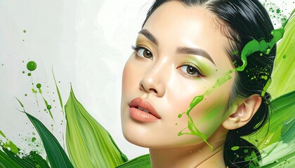 A Beautiful Woman's Face with Green Makeup and Abstract Paint Splatter