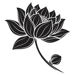 Black lotus flower with bud and stem graphic white
