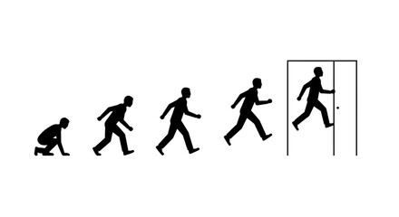 Human evolution silhouette progression from crawling baby to running adult exiting open door vector