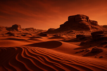 Naklejka premium Dramatic Mars Surface Landscape with Sand Dunes and Red Sky