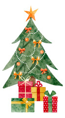 Watercolor vector Christmas tree with gifts, bows, and star. Festive hand-painted holiday illustration in bright colors for design and decoration.