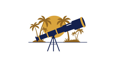 Telescope aimed at a tropical sunset with palm trees exploring the cosmos under a warm evening sky vector