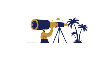 Astronomy enthusiast observing distant galaxies through a large telescope surrounded by palm trees creating a serene exploration scene vector