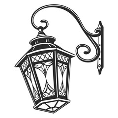 Black traditional lantern hanging on ornate bracket white background