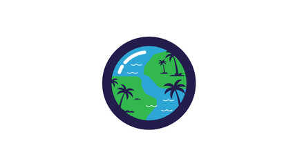 Stylized earth sphere with lush green continents palm trees and reflective blue ocean surface vector
