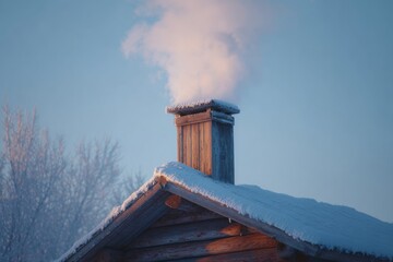 A wooden cabin with a snow-covered roof stands in a cold winter landscape. Smoke rises from the chimney, signaling warmth inside as dawn breaks over the serene scene
