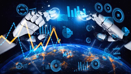 A stunning visual of robotic hands engaging with dynamic data visualizations above a globe,...