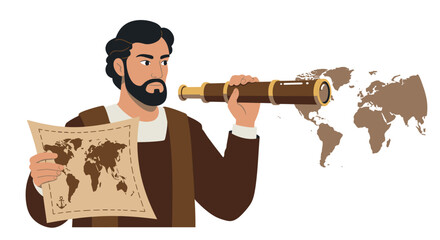 Explorer with telescope and map discovering continents with world map emerging concept of exploration and global discovery vector