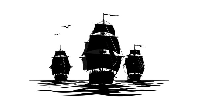 Three majestic tall ship sailing vessels silhouette against a stark white sky over reflective ocean waves vector