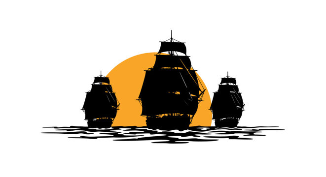 Mysterious silhouette of three black objects against a vibrant orange sun and abstract ground texture vector