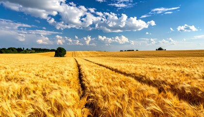 Obraz premium Golden wheat field under a partly cloudy blue sky. Two tire tracks run through the center