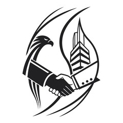 Black eagle and handshake with buildings logo business