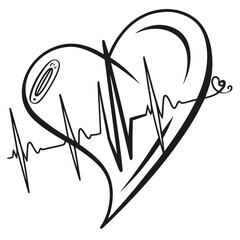 Black electrocardiogram line forming heart shape on white