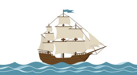Majestic old wooden sailing ship with full sails on wavy blue ocean waters under a bright sky vector