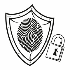 Black fingerprint inside shield with padlock on white